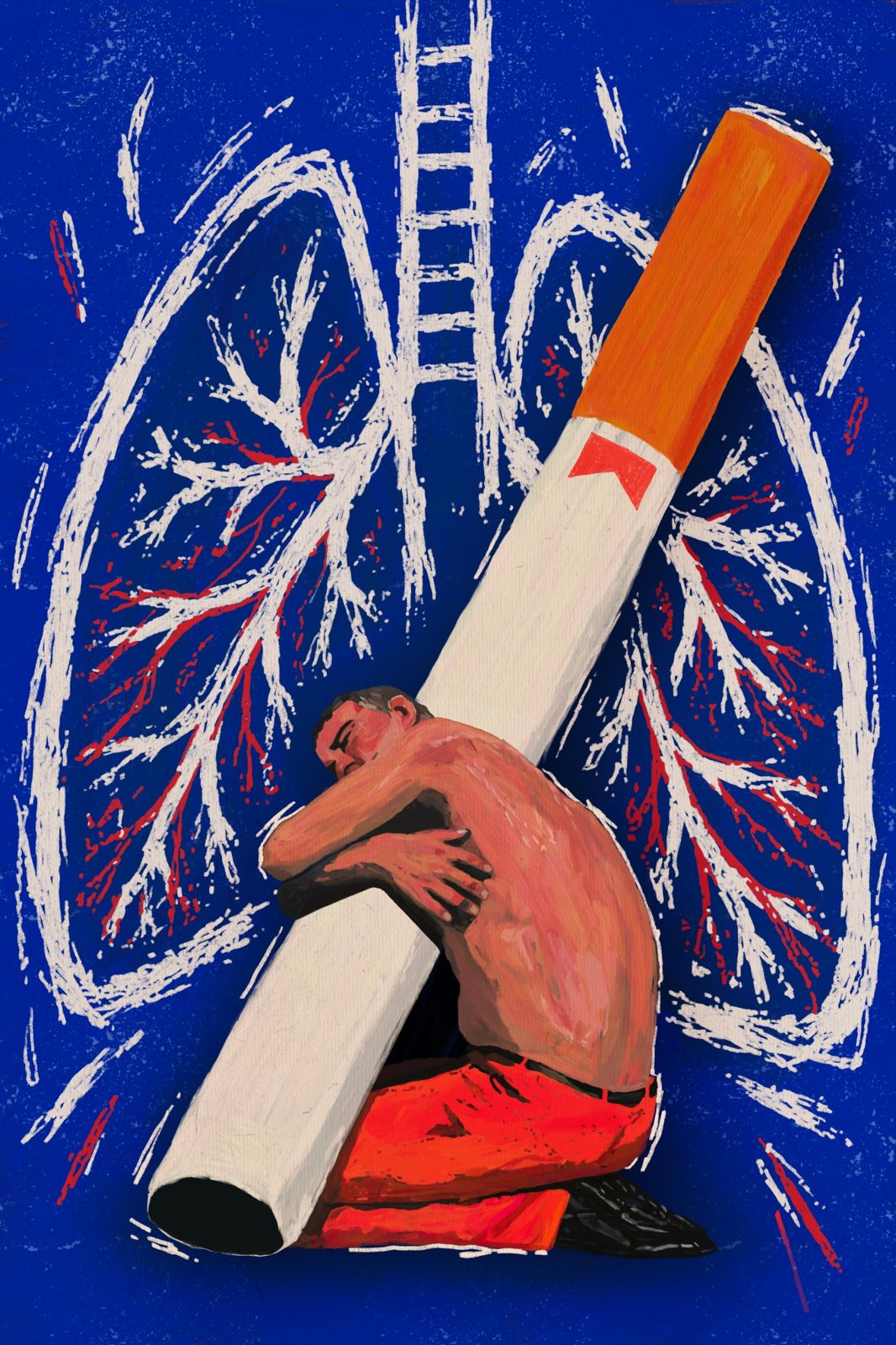Fuck Your Lungs. A shirtless man in orange pants kneels and hugs a giant cigarette with his eyes closed, in front of chalk white lungs on deep blue, both outlined in white.