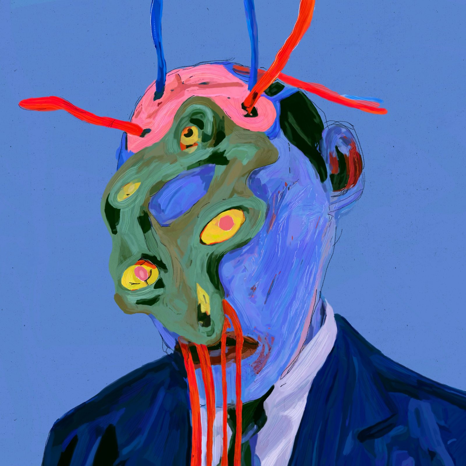 I'm Not Usually This Ugly But Please Give Me Some Time. A man in a navy suit with a blue face, half of it melting into green with several yellow eyes, red and blue tubes coming out of his open pink skull.