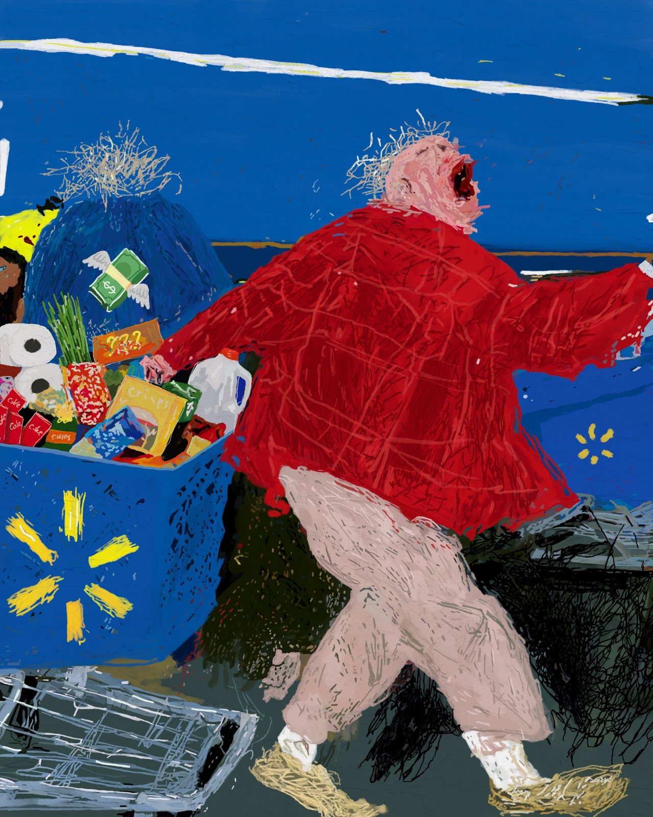 Spend Your Money Like You Fucking Hate It. A big man in a red jacket screams as he shoves an overflowing blue shopping cart, a stack of cash flying away on little wings.