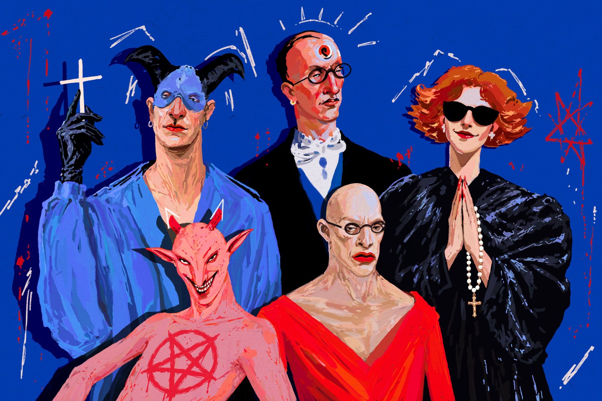 Why Y'all So Cultish. Five figures pose like a group portrait on deep blue: a horned man in a blue mask holding a cross, a bald man with a third eye, a red haired woman in sunglasses praying with a rosary, a grinning pink devil with a pentagram, and a bald figure in red lipstick. Scratchy white halos float over their heads.